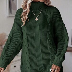 Green Casual Womens Turtleneck Cable Knit Drop Shoulder Sweater Dress